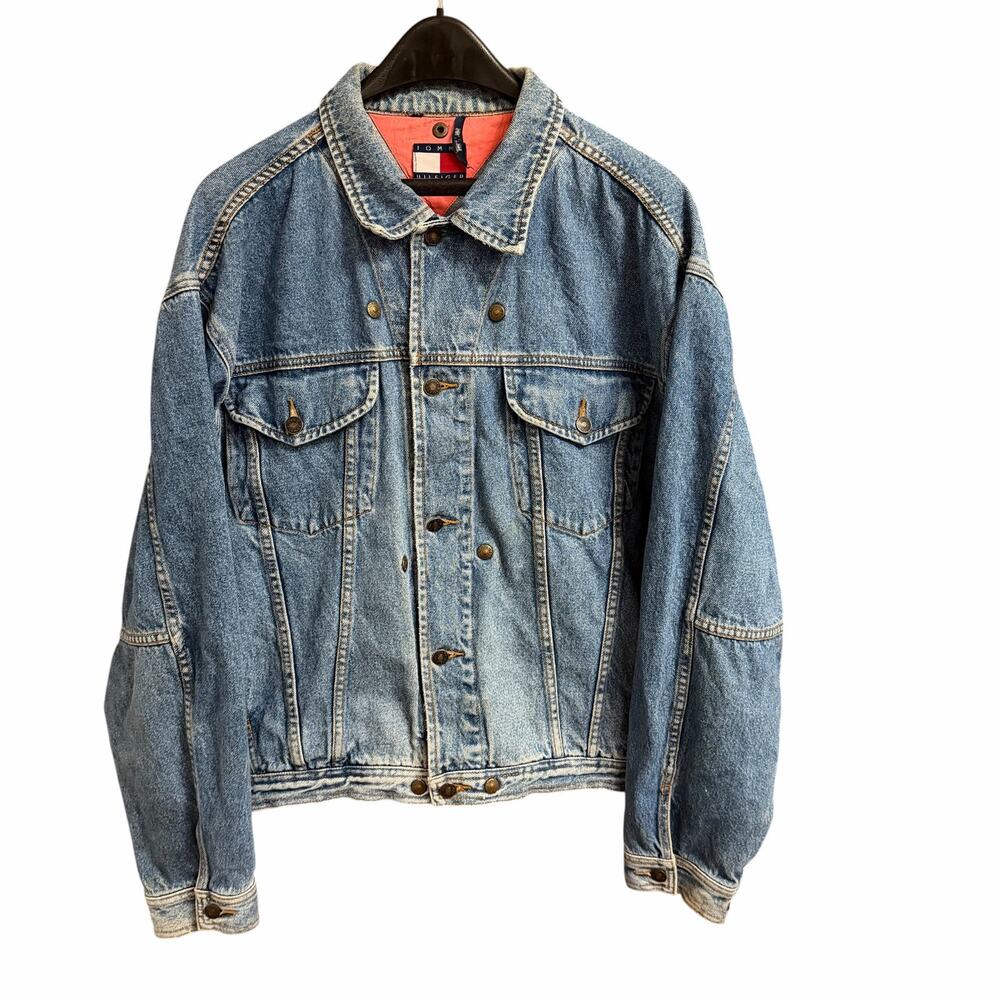 Vintage Tommy Hilfiger Denim Trucker Jacket Distressed Womens Medium AS IS